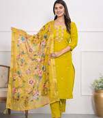 Yellow viscoce silk fabric designer embroidery work salwar kameez for ceremonial looks