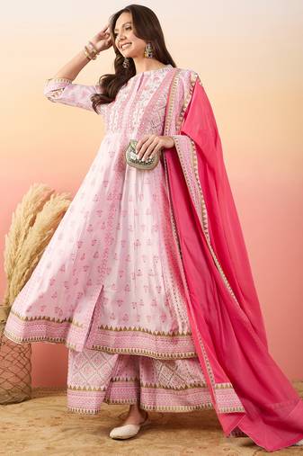Pink rich looks hand woven readymade dress with sophisticated embroidery work