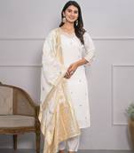 White viscoce silk fabric designer embroidery work salwar kameez for ceremonial looks