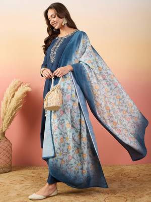 Blue rich looks hand woven readymade dress with sophisticated embroidery work 1