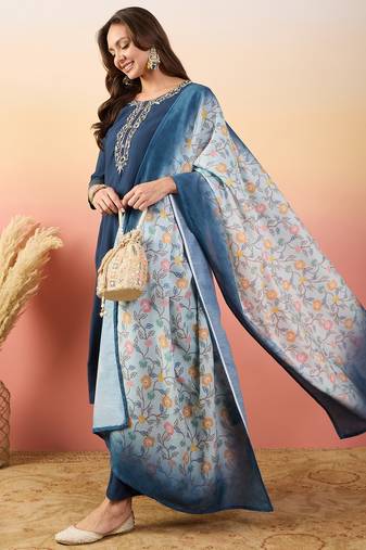 Blue rich looks hand woven readymade dress with sophisticated embroidery work