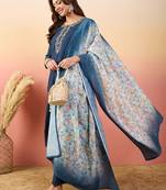 Blue rich looks hand woven readymade dress with sophisticated embroidery work