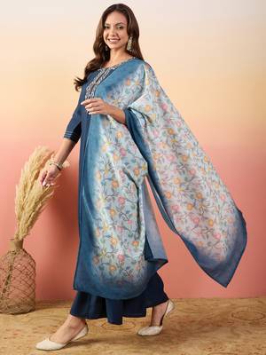 Blue rich looks hand woven readymade dress with sophisticated embroidery work 3