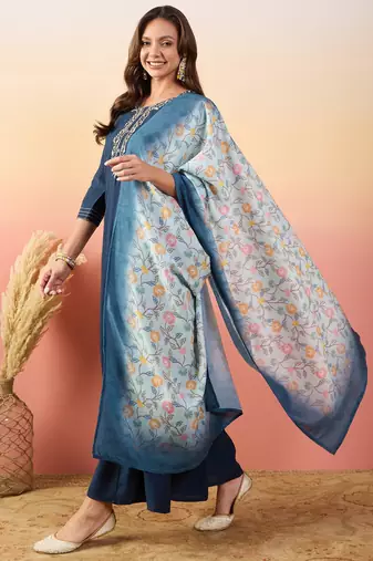 Blue rich looks hand woven readymade dress with sophisticated embroidery work