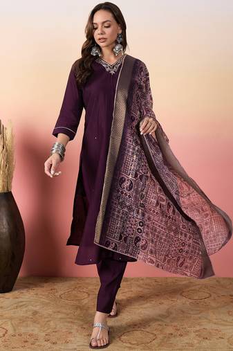 Purple rich looks hand woven readymade dress with sophisticated embroidery work