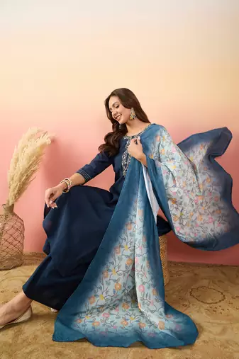 Blue rich looks hand woven readymade dress with sophisticated embroidery work