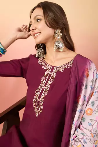 Maroon rich looks hand woven readymade dress with sophisticated embroidery work