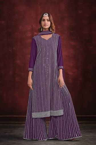 Purple beautiful designer embroidery zarkan stone work wedding sharara dress