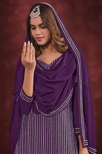 Purple beautiful embroidery zarkan stone work wedding sharara dress