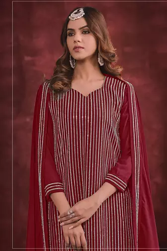 Maroon beautiful embroidery zarkan stone work wedding sharara dress
