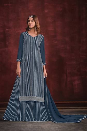 Teal blue beautiful designer embroidery zarkan stone work wedding sharara dress