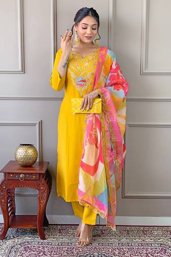 Beautiful mustard viscose fabric graceful embroidered readymade suit