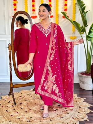 Beautiful pink viscosee chanderi fabric graceful embroidered readymade suit 1