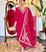 Beautiful pink viscosee chanderi fabric graceful embroidered readymade suit