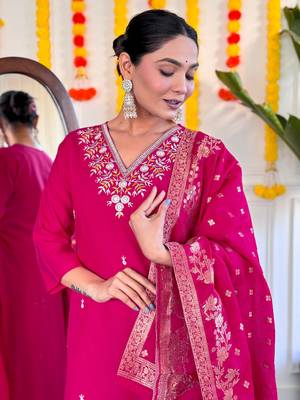 Beautiful pink viscosee chanderi fabric graceful embroidered readymade suit 3