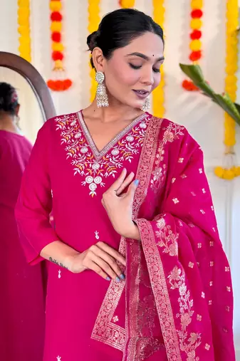 Beautiful pink viscosee chanderi fabric graceful embroidered readymade suit