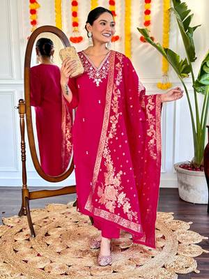Beautiful pink viscosee chanderi fabric graceful embroidered readymade suit 4