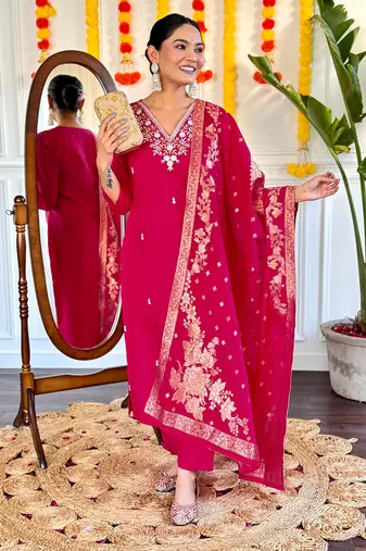 Beautiful pink viscosee chanderi fabric graceful embroidered readymade suit