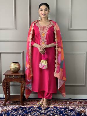 Beautiful pink silk viscosee fabric graceful embroidered readymade suit 1