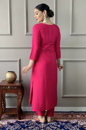 Beautiful pink silk viscosee fabric graceful embroidered readymade suit