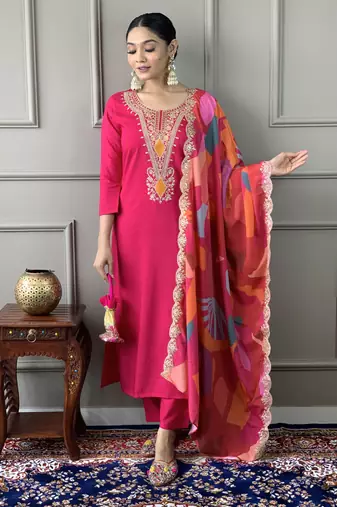Beautiful pink silk viscosee fabric graceful embroidered readymade suit