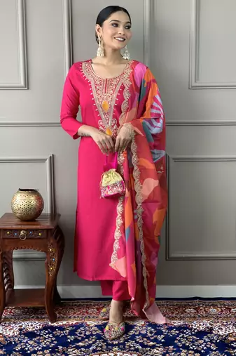 Beautiful pink silk viscosee fabric graceful embroidered readymade suit