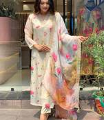 Off white designer partywear taby fabric embroidered suit