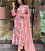 Pink designer partywear muslin cotton fabric embroidered suit