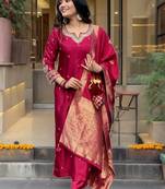 Maroon designer partywear roman silk fabric embroidered suit