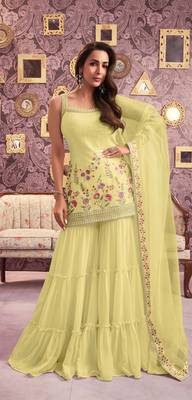 Yellow bollywood sharara dress with graceful embroidery floral work 1