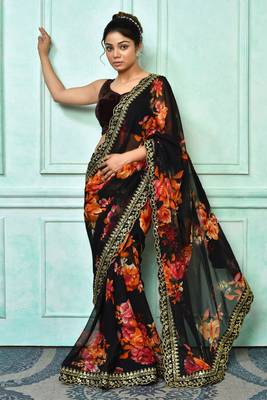 Designer georgette printed and lace work saree with blouse piece 1