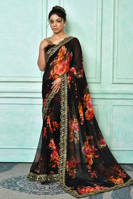 Designer georgette printed and lace work saree with blouse piece 2