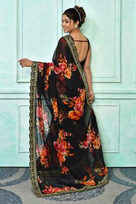 Designer georgette printed and lace work saree with blouse piece 3