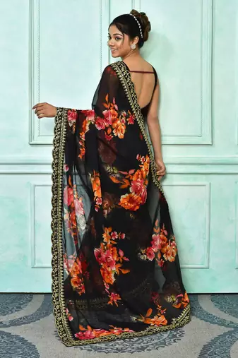 Designer georgette printed and lace work saree with blouse piece