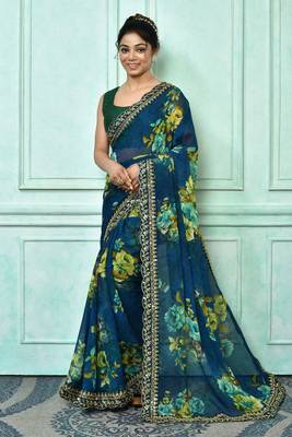 Designer georgette printed and lace work saree with blouse piece 1