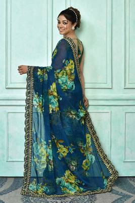 Designer georgette printed and lace work saree with blouse piece 2