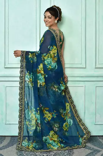Designer georgette printed and lace work saree with blouse piece