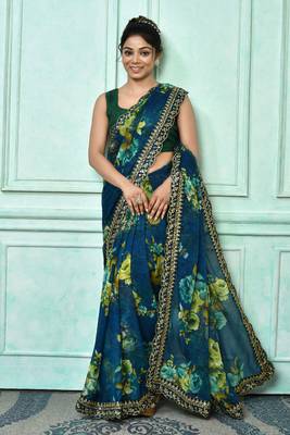 Designer georgette printed and lace work saree with blouse piece 3