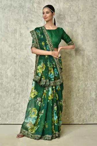 Designer georgette printed and lace work saree with blouse piece