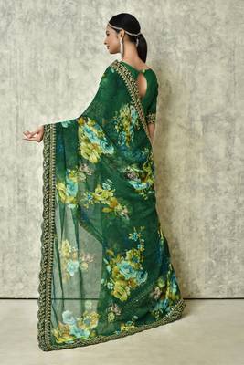 Designer georgette printed and lace work saree with blouse piece 3