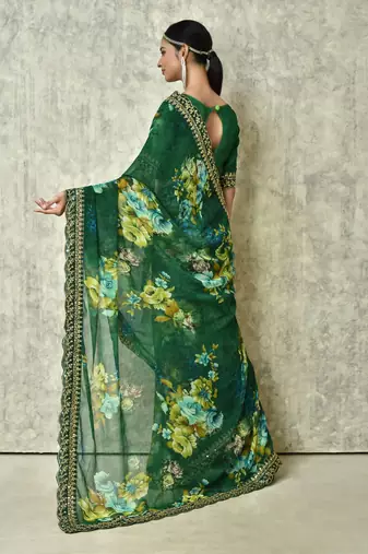 Designer georgette printed and lace work saree with blouse piece
