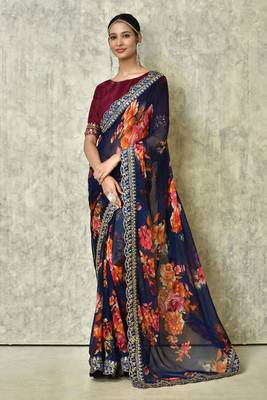 Designer georgette printed and lace work saree with blouse piece 1