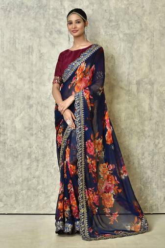 Designer georgette printed and lace work saree with blouse piece
