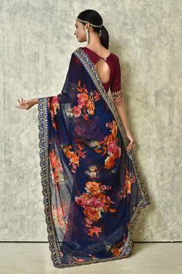 Designer georgette printed and lace work saree with blouse piece 2