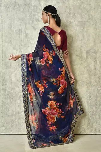 Designer georgette printed and lace work saree with blouse piece
