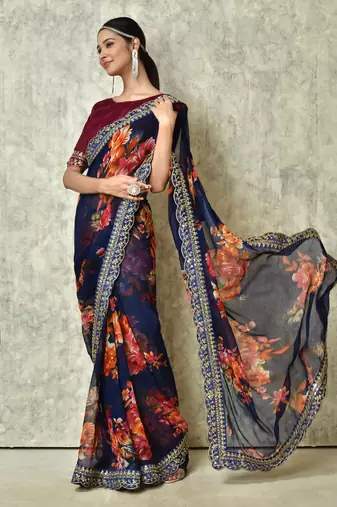 Designer georgette printed and lace work saree with blouse piece