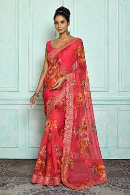 Designer georgette printed and lace work saree with blouse piece 1