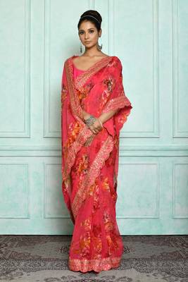 Designer georgette printed and lace work saree with blouse piece 2