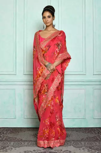 Designer georgette printed and lace work saree with blouse piece
