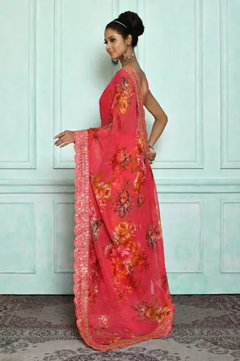 Designer georgette printed and lace work saree with blouse piece